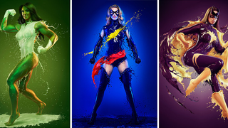 Famous superheroines wearing suits made of liquid paint look really cool